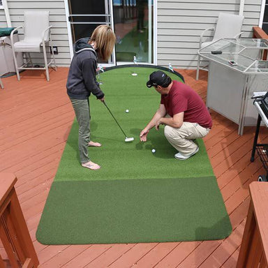 Big Moss Golf Commander Patio Series 6' x 15' 3 Cups Putting & Chipping Green Drone Shot On The Patio