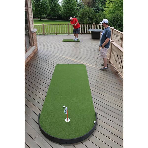 Big Moss Golf Commander Patio Series 4' x 15' 1 Cup Putting & Chipping Green Top Front View Showing Two Guys Playing