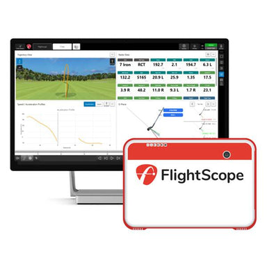 FlightScope Mevo+2023 Edition Launch Monitor and Simulator Unit View and PC Screenshot of App