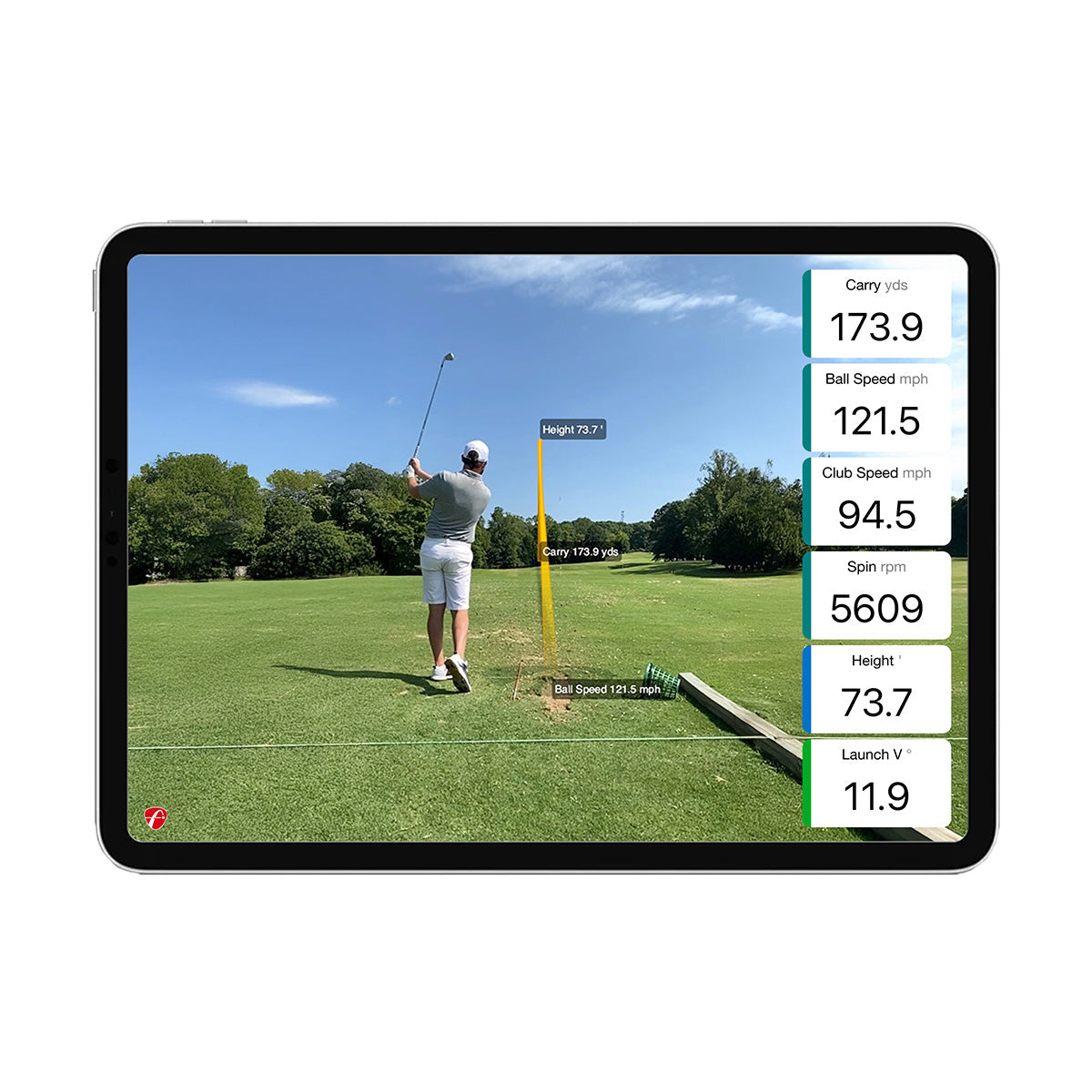 Golf swing analysis on a tablet screen with on-screen metrics.