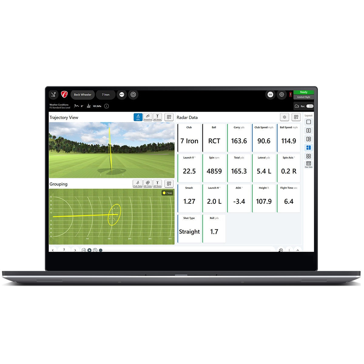 Laptop displaying a golf simulation software on a white background