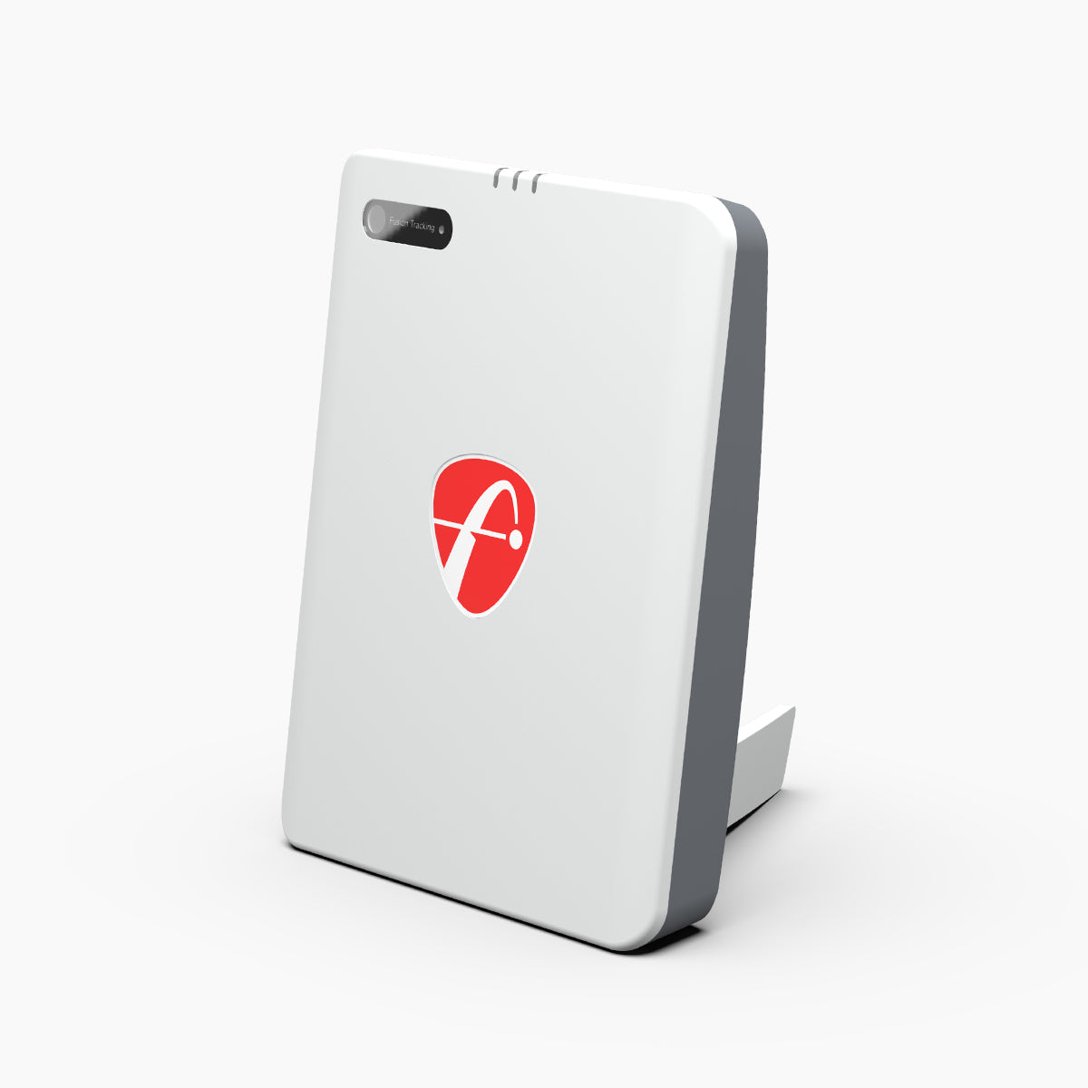White electronic device with a red logo on a white background
