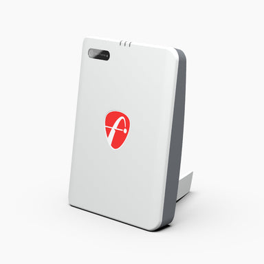 White electronic device with a red logo on a white background