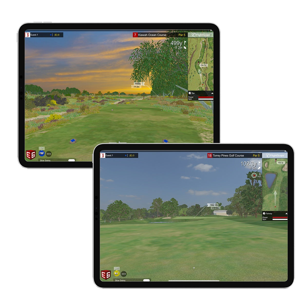 Two tablets displaying golf course simulations on a white background