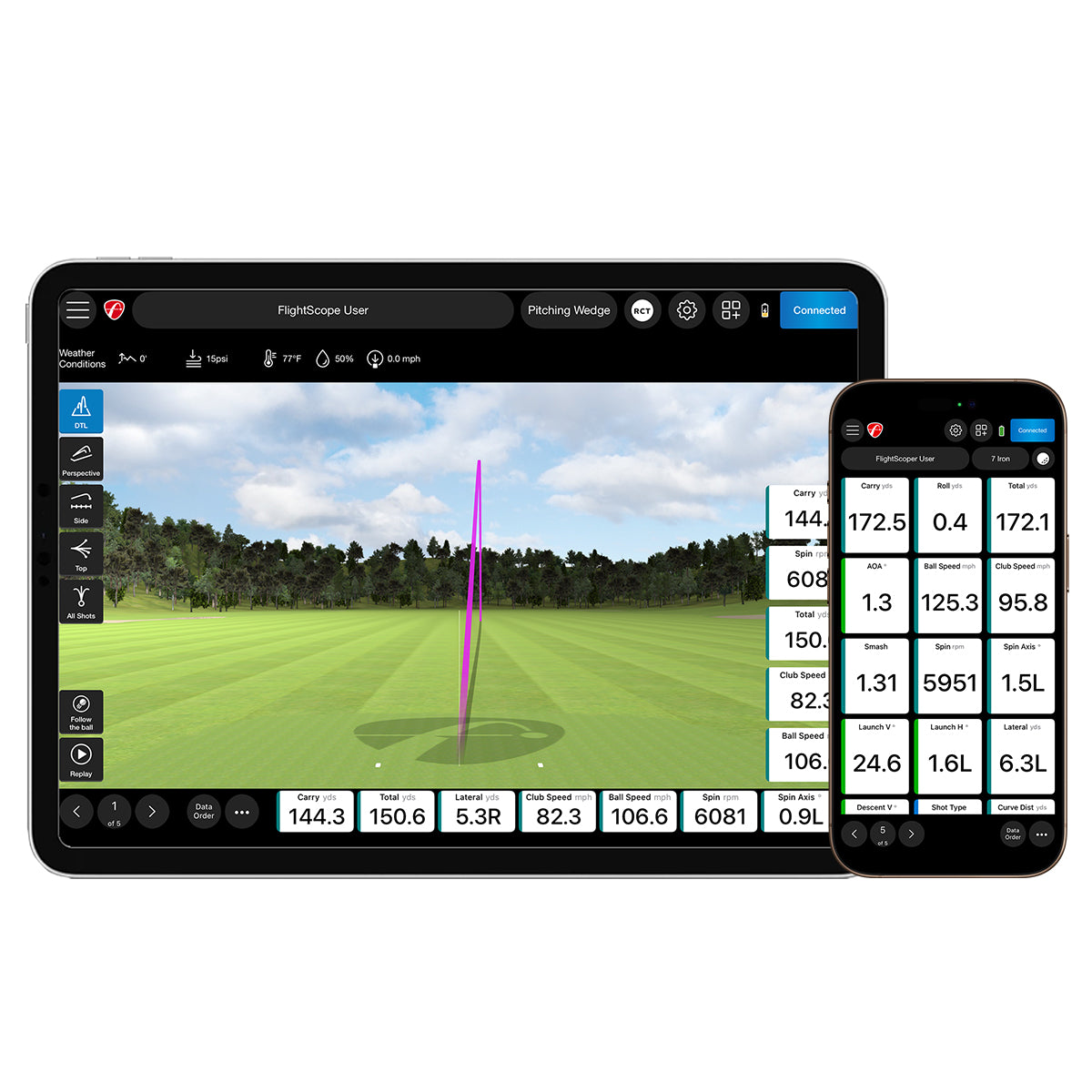 Golf simulator device with screen displaying a golf course and smartphone showing app interface.