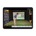 Golf simulator setup with a screen displaying a golfer on a virtual course.